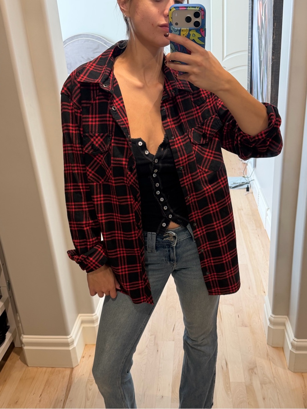 Red and Black Plaid Button-Up Shirt